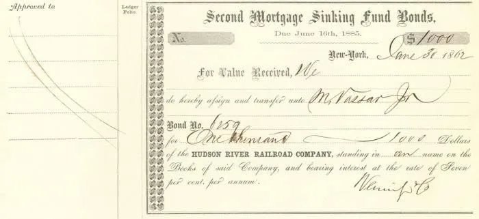 Hudson River Railroad Co. Transferred to M. Vassar, Jr. - Autographed Stocks and Bonds