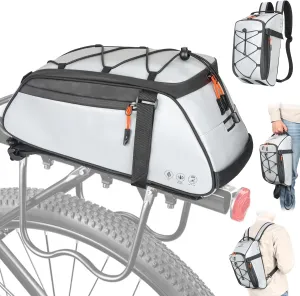 HuiJuKeJi Bike Trunk Bag 360 ° Reflective Bicycle Backpack 12L Rear Bike Cargo Rack Bags Storage Pannier Saddle Bag 3-in-1 Multifuction Waterproof Travel Accessories Expandable Luggage Trunk Bag