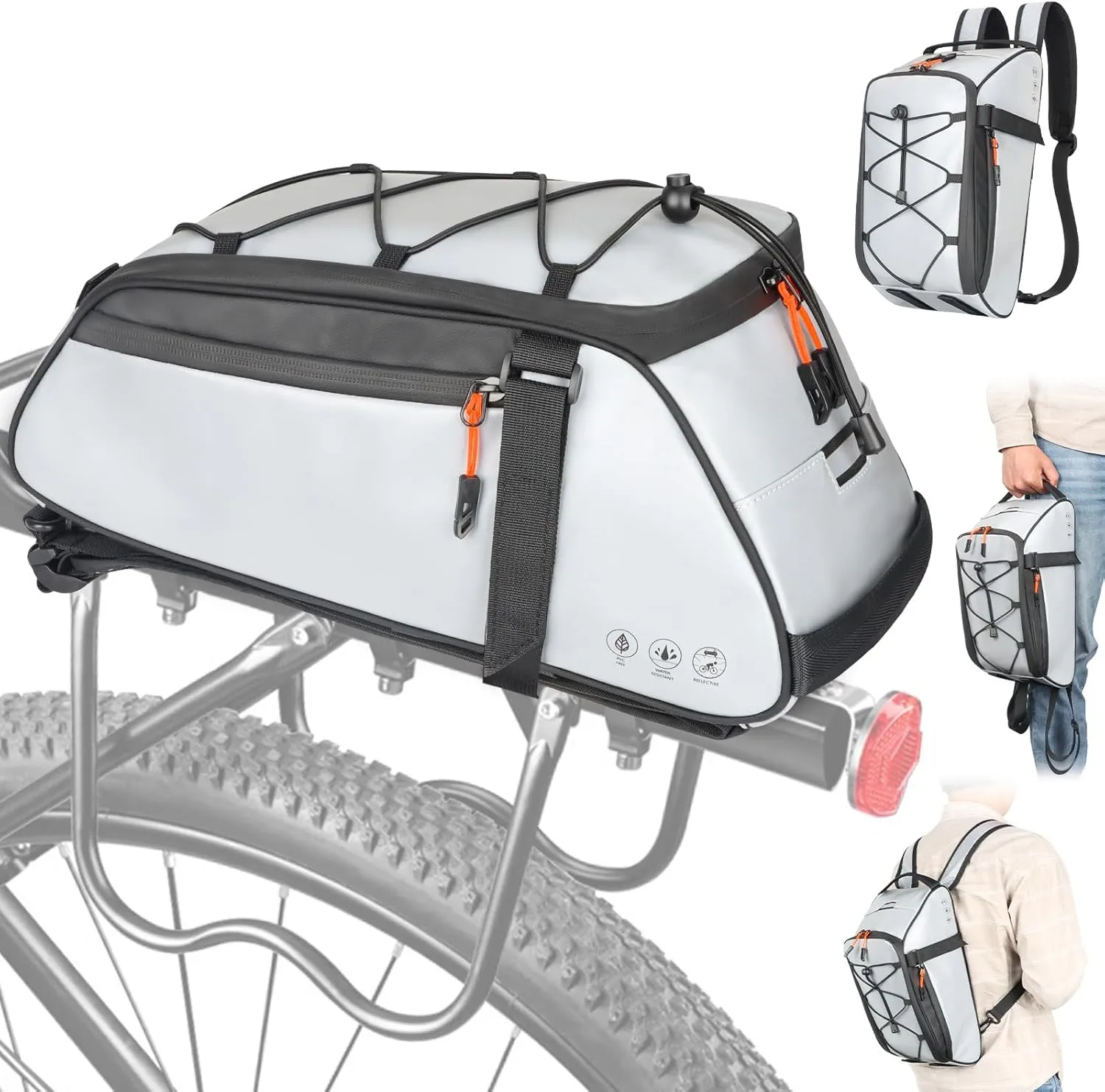 HuiJuKeJi Bike Trunk Bag 360 ° Reflective Bicycle Backpack 12L Rear Bike Cargo Rack Bags Storage Pannier Saddle Bag 3-in-1 Multifuction Waterproof Travel Accessories Expandable Luggage Trunk Bag