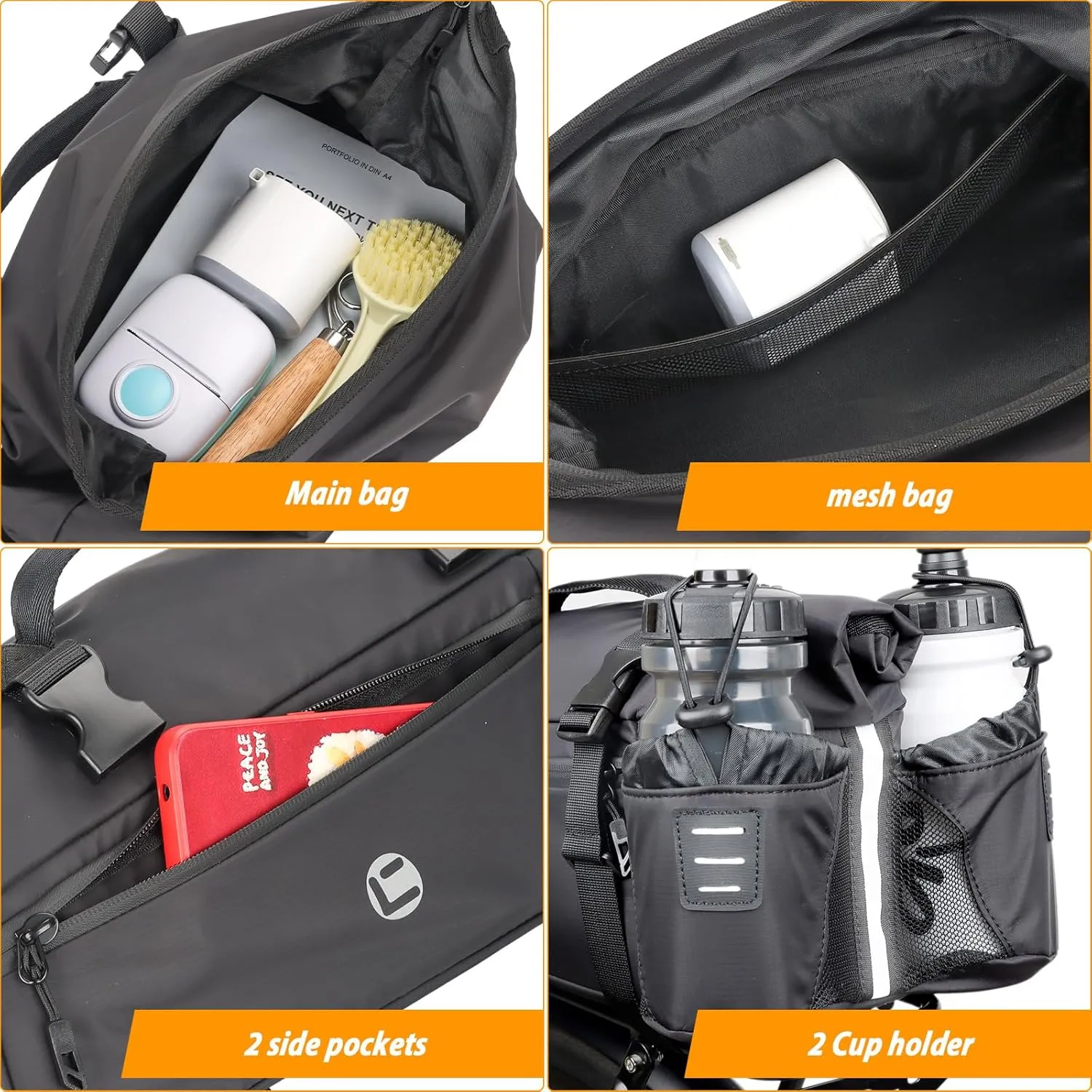 HuiJuKeJi Rear Bike Cargo Rack Bags Trunk Bag Roll Mouth Bicycle 15L Double Cup Design Pannier Saddle Bag 3-in-1 Multifuction with Reflective Strips Waterproof Travel Accessories Luggage For Cycling
