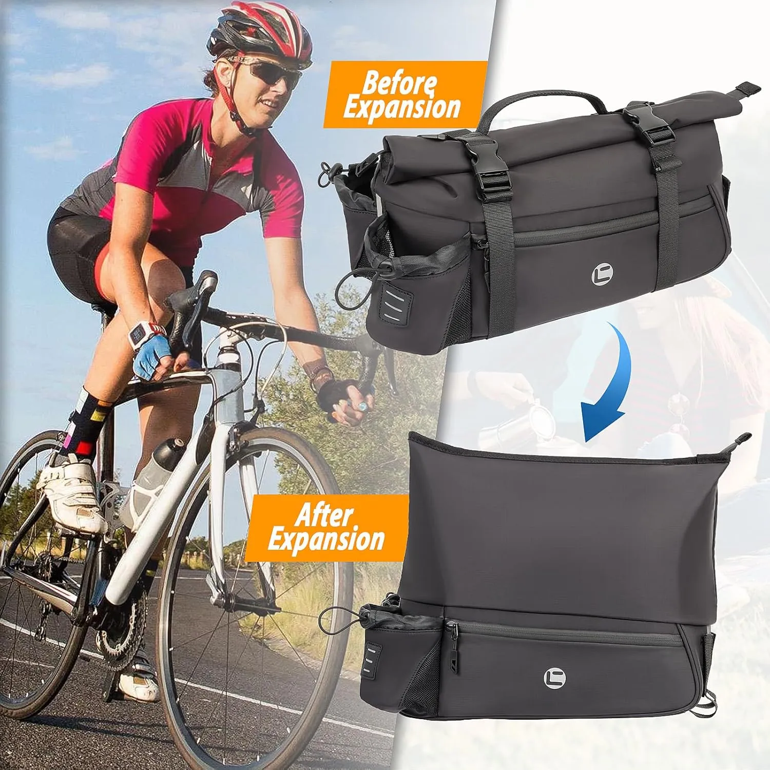 HuiJuKeJi Rear Bike Cargo Rack Bags Trunk Bag Roll Mouth Bicycle 15L Double Cup Design Pannier Saddle Bag 3-in-1 Multifuction with Reflective Strips Waterproof Travel Accessories Luggage For Cycling