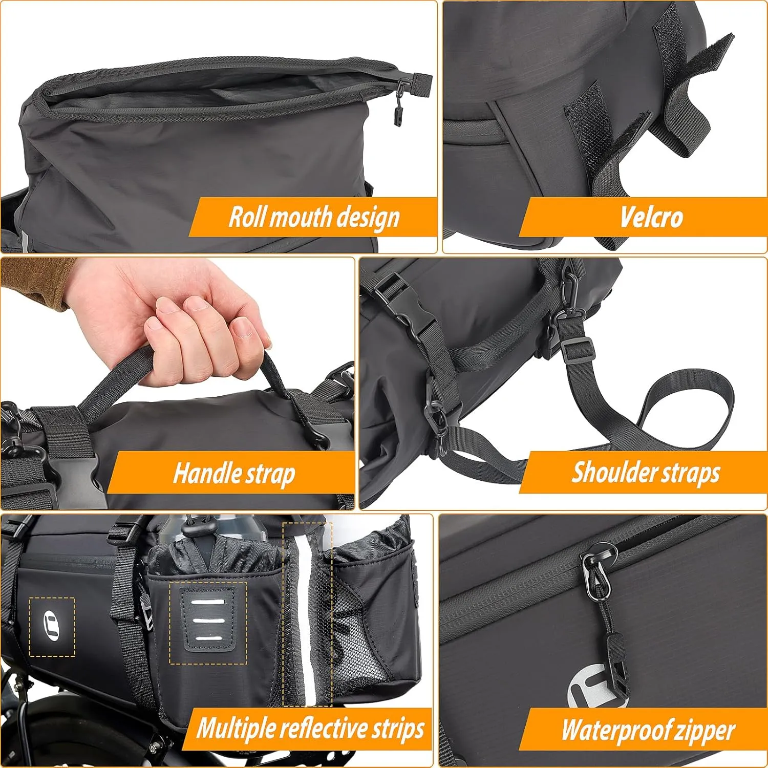 HuiJuKeJi Rear Bike Cargo Rack Bags Trunk Bag Roll Mouth Bicycle 15L Double Cup Design Pannier Saddle Bag 3-in-1 Multifuction with Reflective Strips Waterproof Travel Accessories Luggage For Cycling