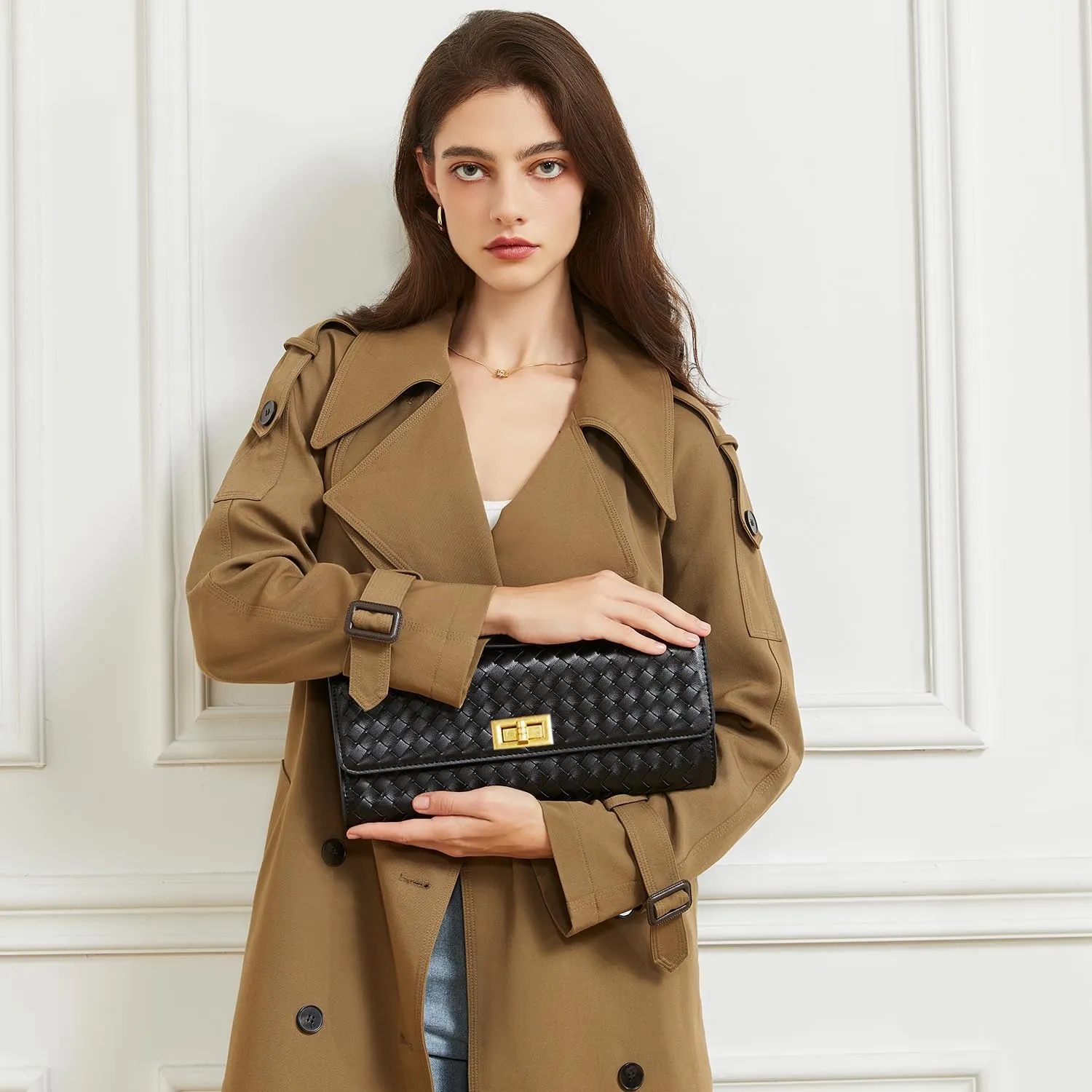 Huralona Evening Clutch Bag Woven Crossbody Handbag Square Box with Detachable Chain PU Leather Shoulder Bag for Women