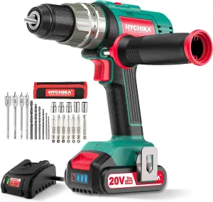 HYCHIKA Cordless Hammer Drill Driver 20V, 400 In-lbs Torque Impact Power Drill with Side Handle,1/2”Metal Chuck 21 3 Clutch, 2.0Ah Battery, LED Light for Drilling Wood Metal Wall