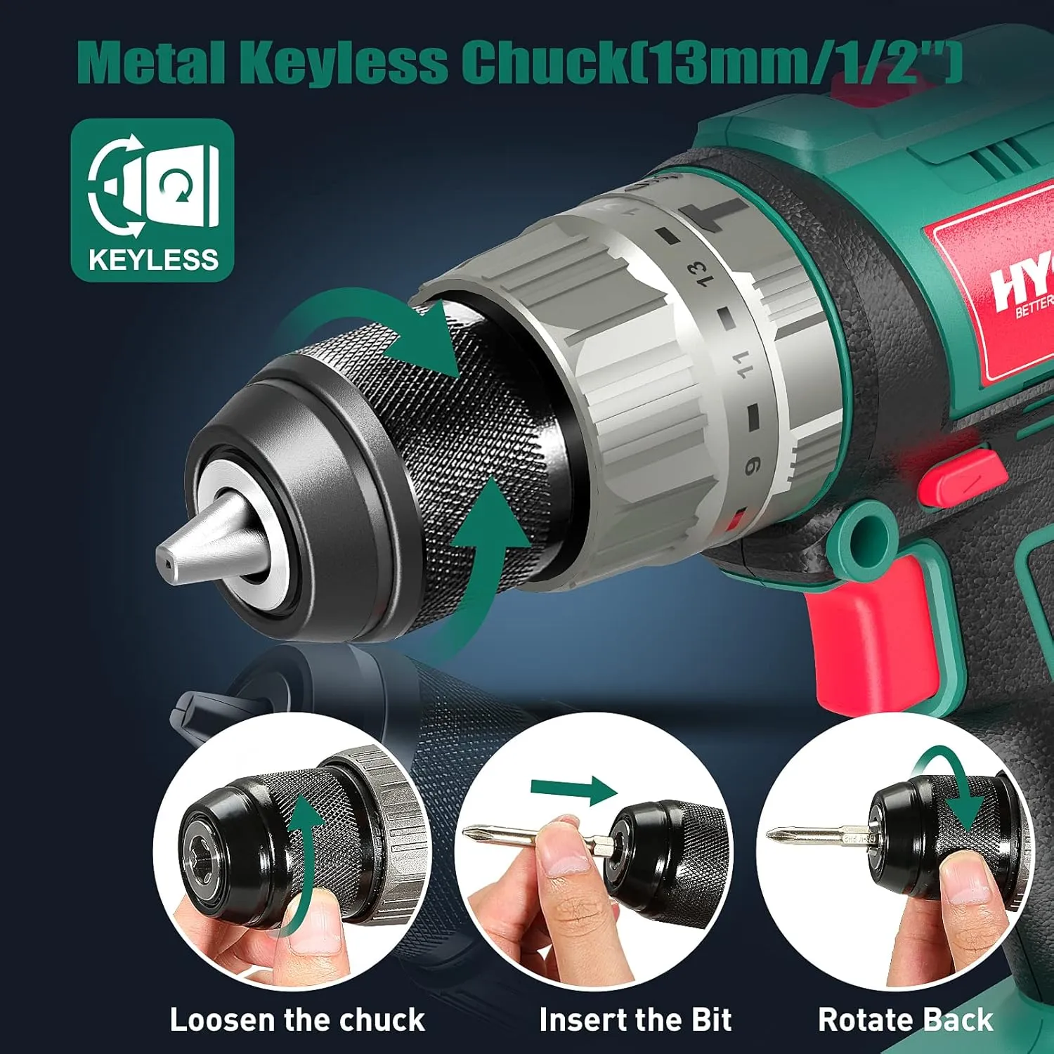 HYCHIKA Cordless Hammer Drill Driver 20V, 400 In-lbs Torque Impact Power Drill with Side Handle,1/2”Metal Chuck 21 3 Clutch, 2.0Ah Battery, LED Light for Drilling Wood Metal Wall