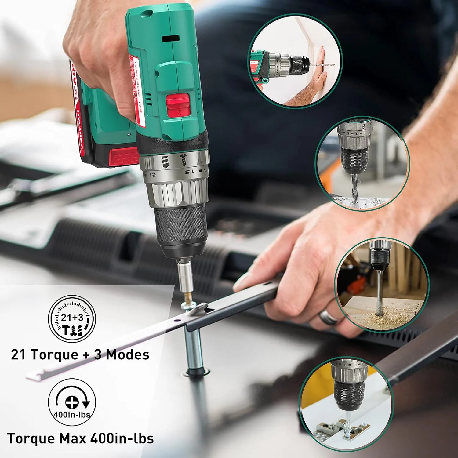 HYCHIKA Cordless Hammer Drill Driver 20V, 400 In-lbs Torque Impact Power Drill with Side Handle,1/2”Metal Chuck 21 3 Clutch, 2.0Ah Battery, LED Light for Drilling Wood Metal Wall
