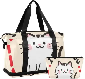 I Miss You Cartoon Cute White Cat Sports Tote Gym Bag Carry on Weekender Overnight Bag with Toiletry Bag for Trekking Multifunctional