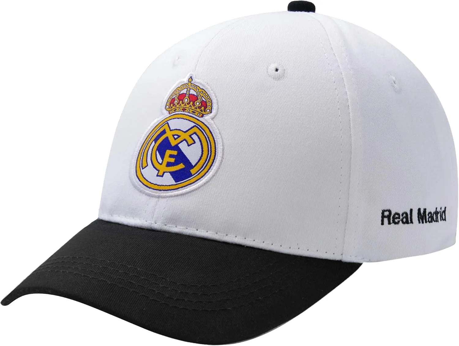 Icon Sports Officially Licensed Real Madrid Adjustable Dad Cap – White & Black Cotton Hat with Buckle for Men & Women