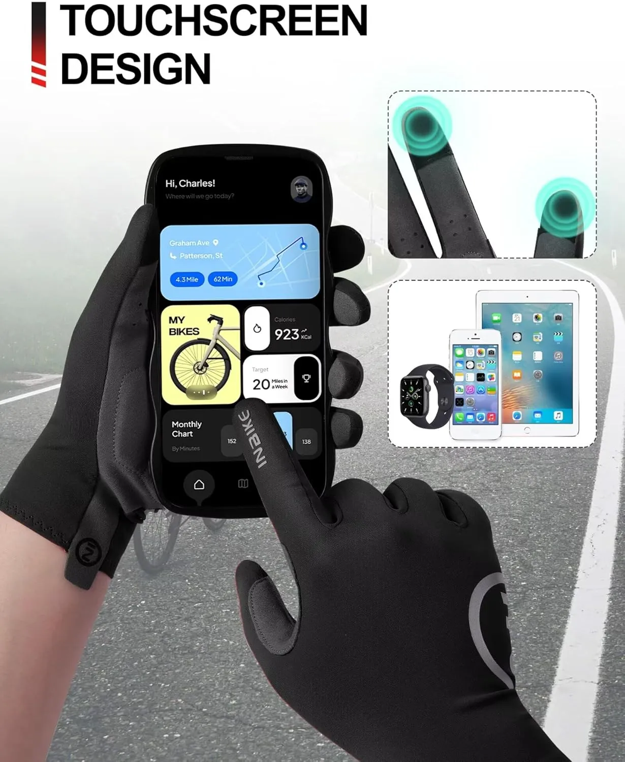 INBIKE Breathable Bike Gloves for Men Women, Full Finger Pad Cycling Gloves, Touchscreen Reflective Mountain Biking Bicycle