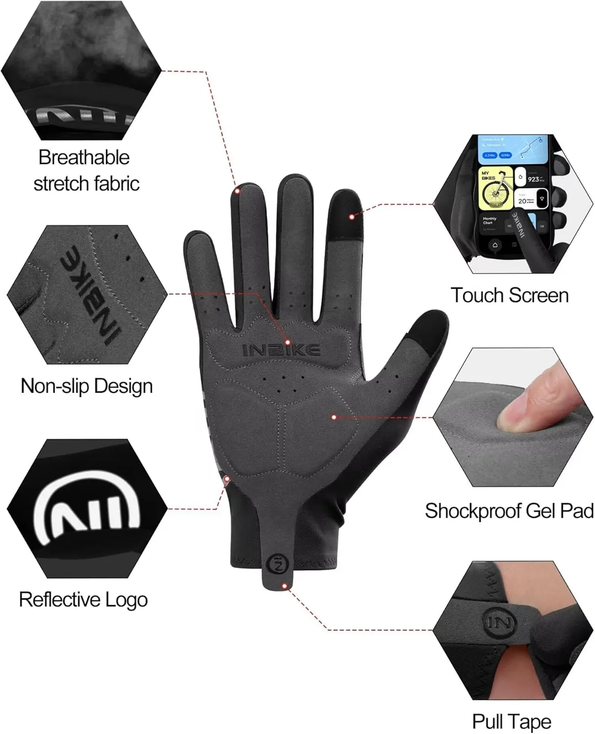INBIKE Breathable Bike Gloves for Men Women, Full Finger Pad Cycling Gloves, Touchscreen Reflective Mountain Biking Bicycle