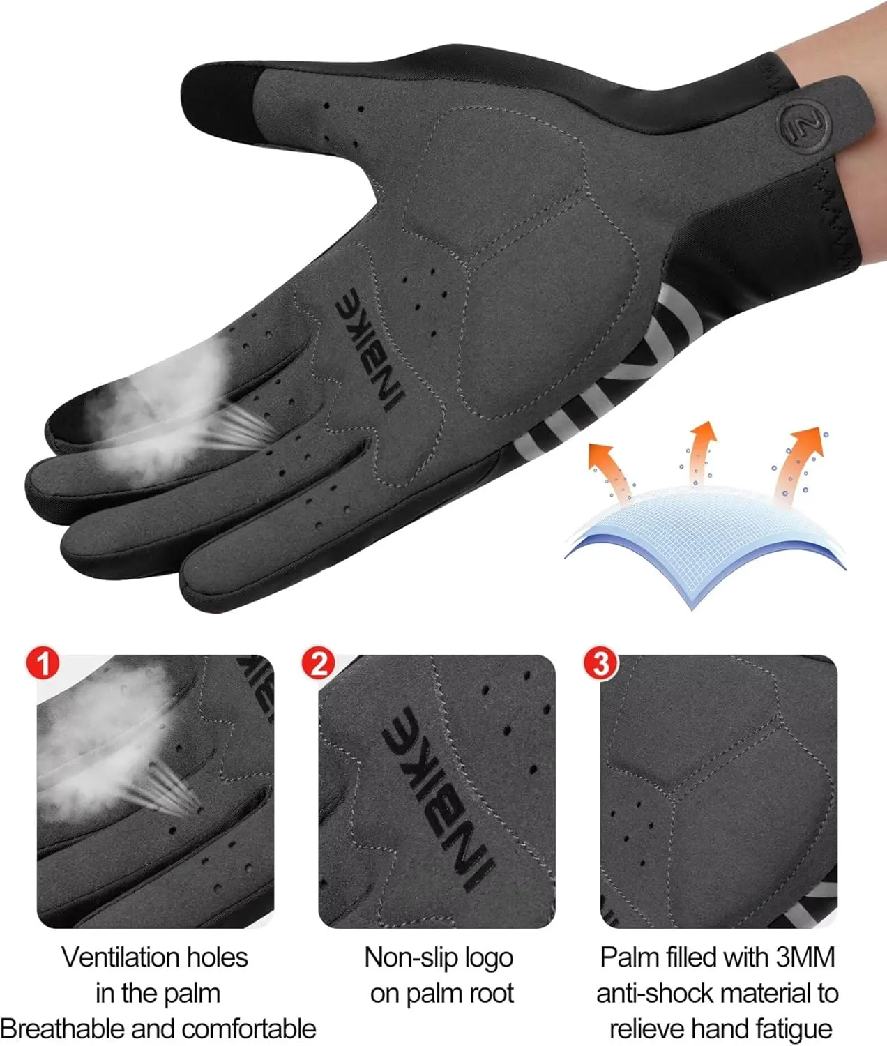 INBIKE Breathable Bike Gloves for Men Women, Full Finger Pad Cycling Gloves, Touchscreen Reflective Mountain Biking Bicycle