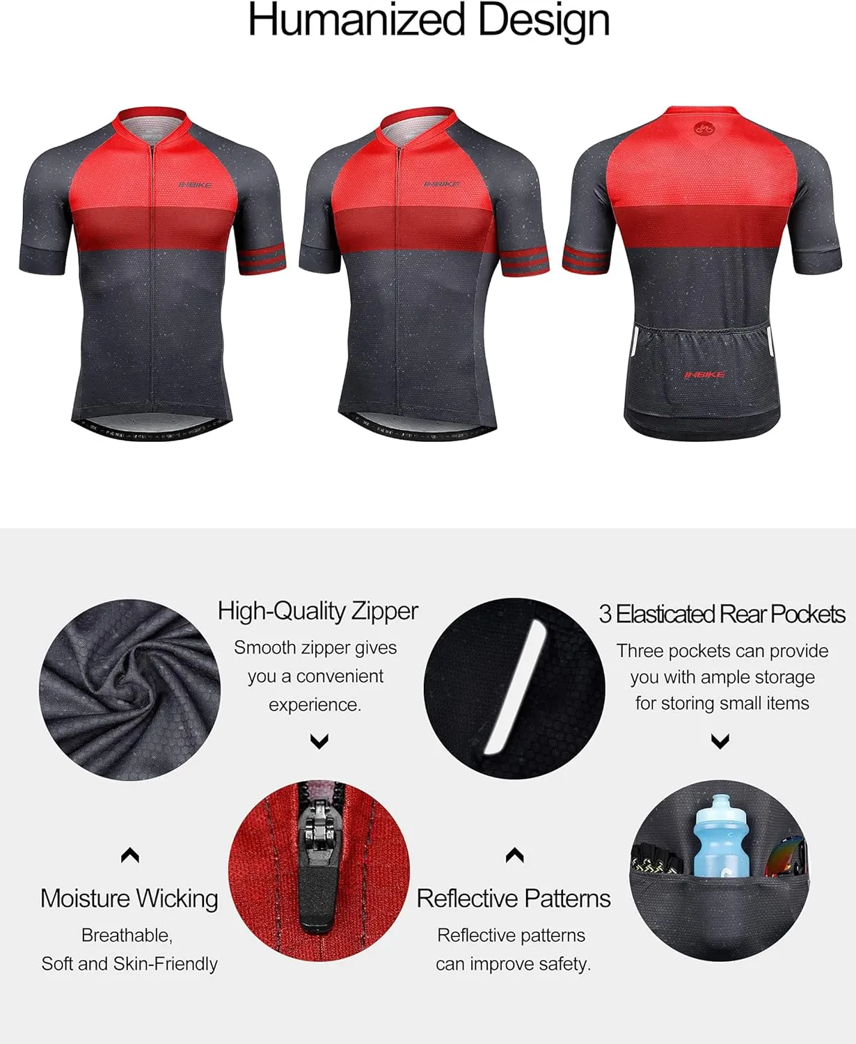 INBIKE Mens Cycling Jersey 3 Rear Pockets Moisture Wicking Short Sleeve Quick Dry Reflective Biking Shirts