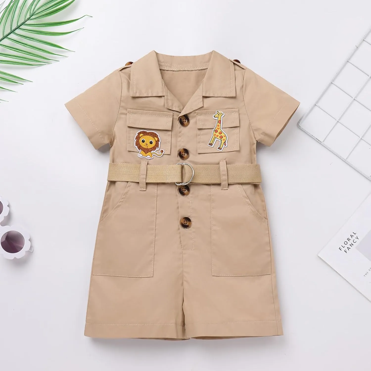 Infant Baby Girl Boy Safari Outfits One Piece Wild Animal First Birthday Jumpsuit with Hat Toddler Zookeeper Clothes