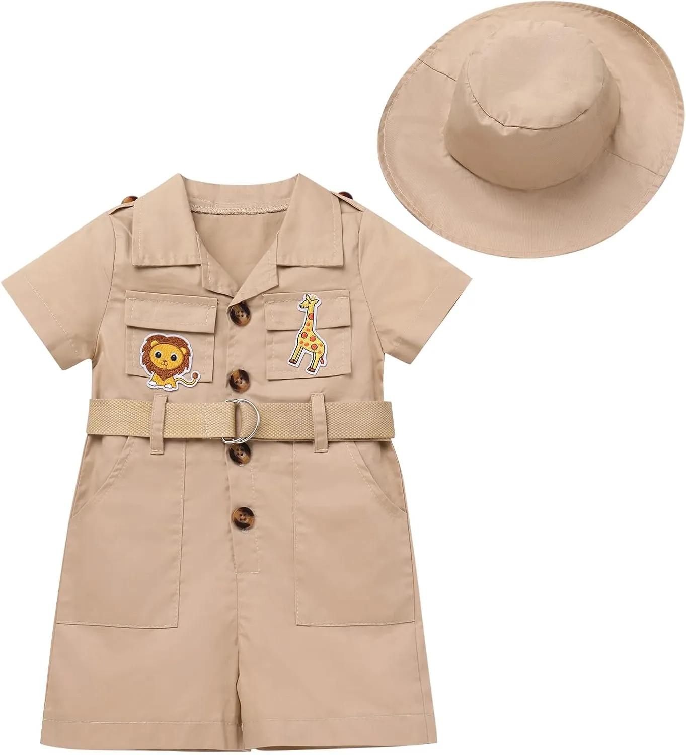 Infant Baby Girl Boy Safari Outfits One Piece Wild Animal First Birthday Jumpsuit with Hat Toddler Zookeeper Clothes