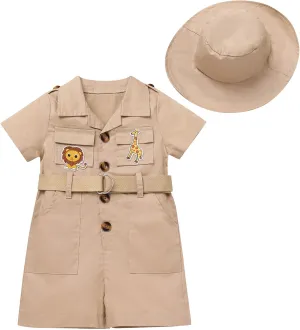 Infant Baby Girl Boy Safari Outfits One Piece Wild Animal First Birthday Jumpsuit with Hat Toddler Zookeeper Clothes