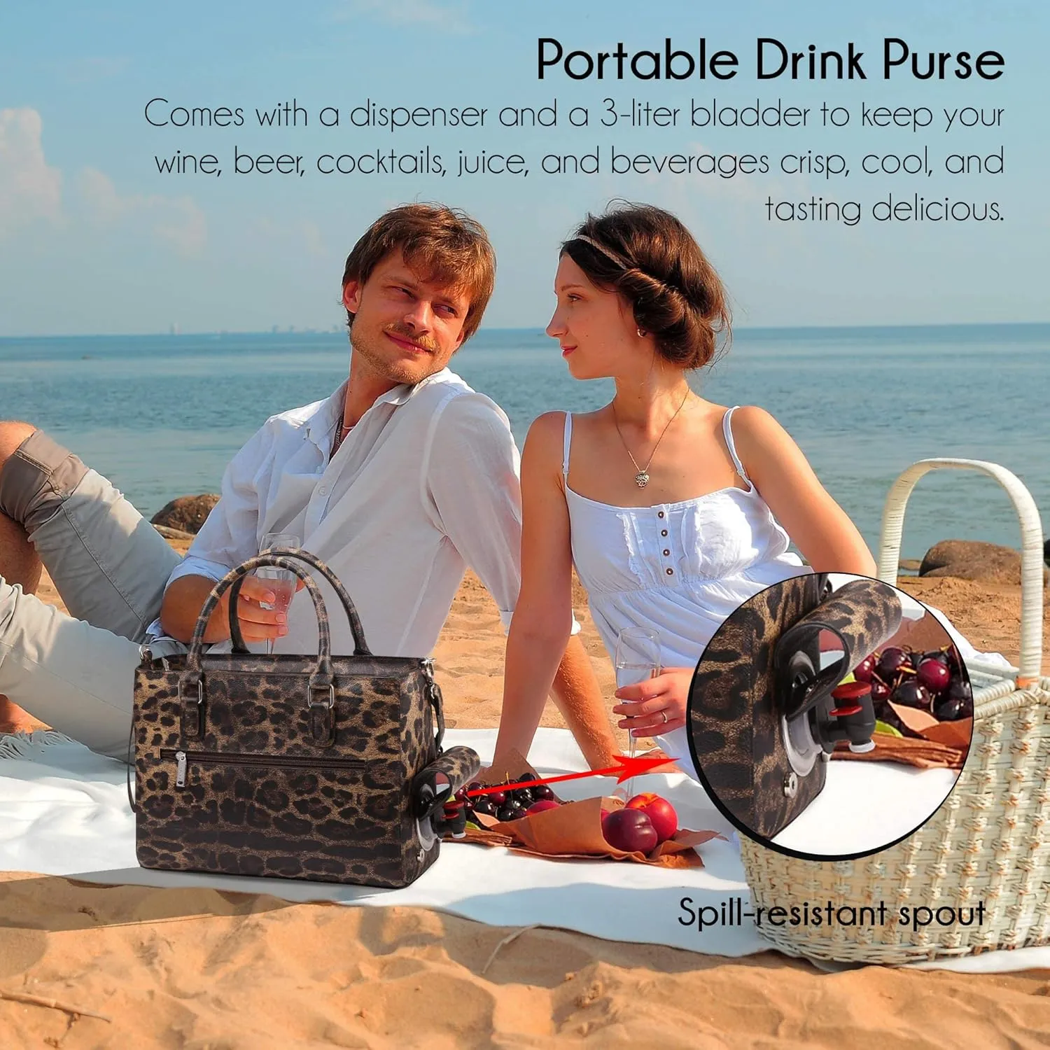 Insulated Drink Purse w/ 3L Bladder Bag | Thermal Hot and Cold Storage | Portable Drinking Dispenser for Wine, Cocktails, Beer, Alcohol | PU Leather Finish (Cougar)