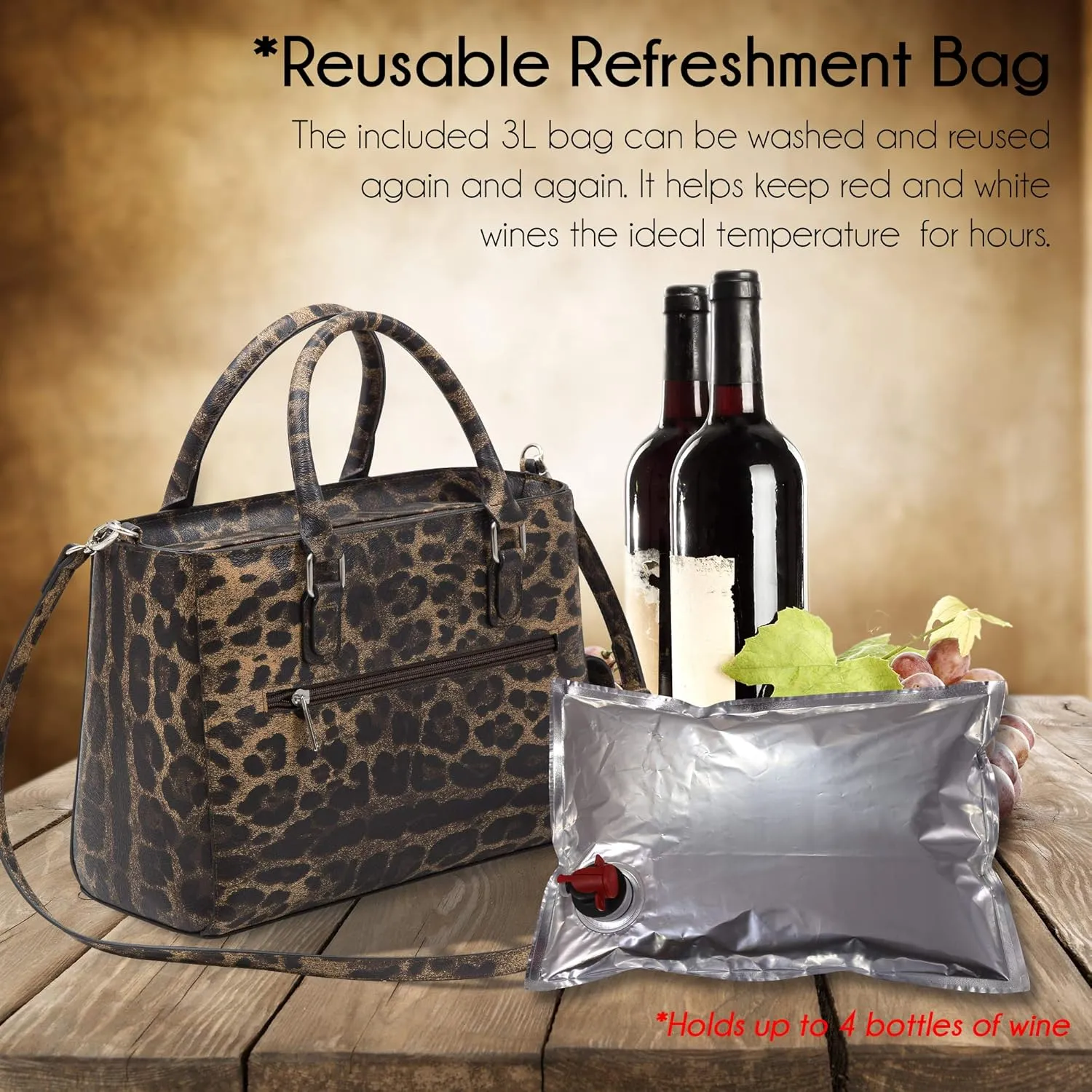 Insulated Drink Purse w/ 3L Bladder Bag | Thermal Hot and Cold Storage | Portable Drinking Dispenser for Wine, Cocktails, Beer, Alcohol | PU Leather Finish (Cougar)