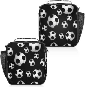 Insulated Lunch Bag Reusable Waterproofing Black And White Soccer Lunch Box with Shoulder Strap Handle and Water Bottle Net Bag for Travel Camping Beach Picnic
