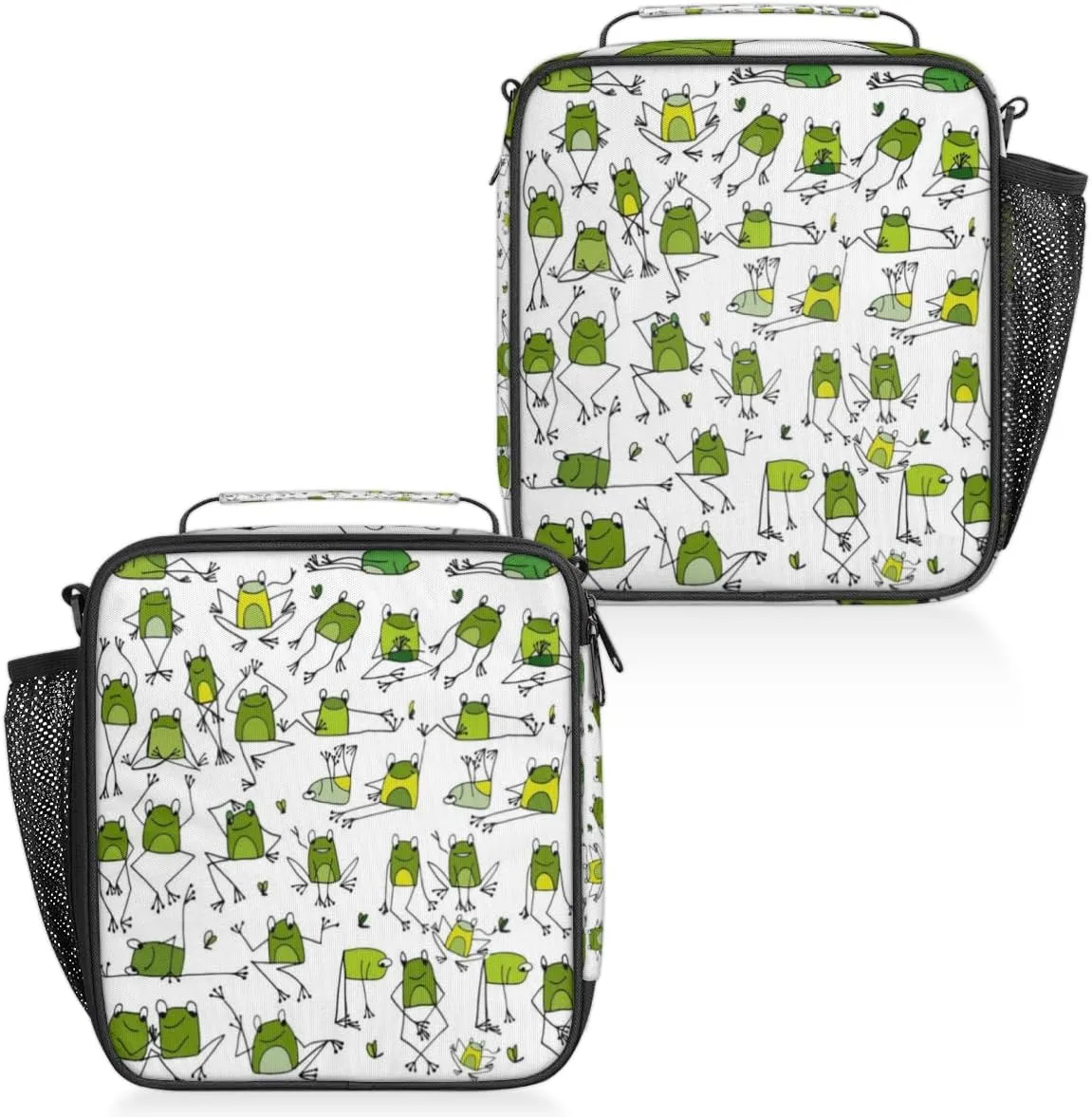 Insulated Lunch Bag Reusable Waterproofing Funny Yoga Frog Lunch Box with Shoulder Strap Handle and Water Bottle Net Bag for Travel Camping Beach Picnic