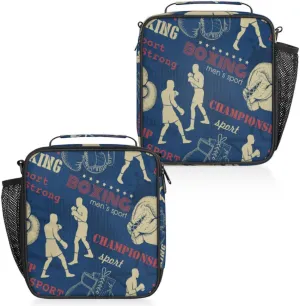 Insulated Lunch Bag Reusable Waterproofing Sports Boxing Lunch Box with Shoulder Strap Handle and Water Bottle Net Bag for Travel Camping Beach Picnic