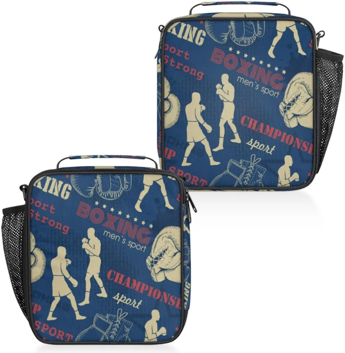 Insulated Lunch Bag Reusable Waterproofing Sports Boxing Lunch Box with Shoulder Strap Handle and Water Bottle Net Bag for Travel Camping Beach Picnic