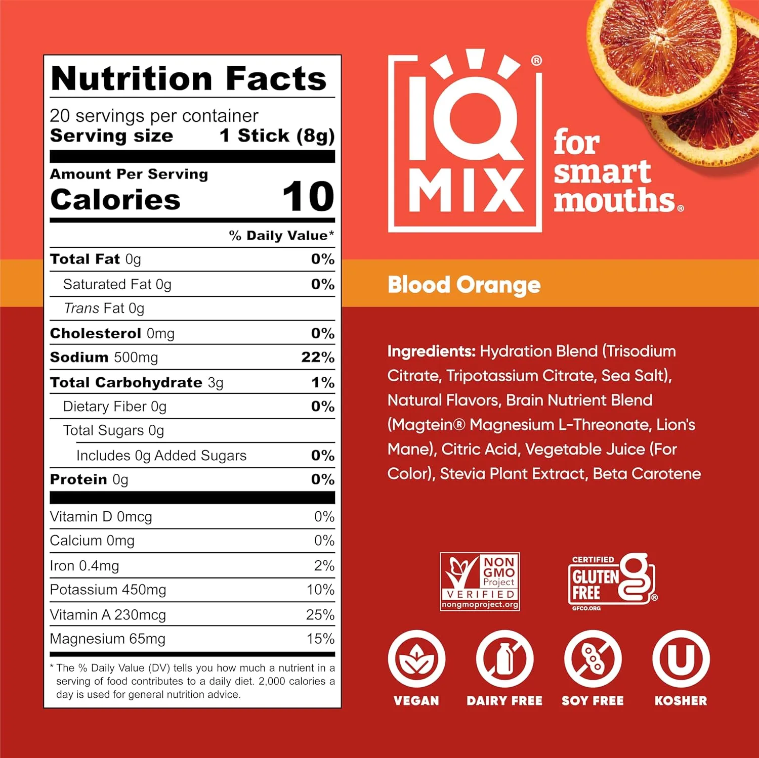 IQMIX Hydration Electrolyte Powder – 4-in-1 Formula for Hydration, Mental Clarity, Mood and Recovery – Sugar-Free Drink Mix, Keto, Magnesium L-Threonate, Lion’s Mane – 20 Count Blood Orange
