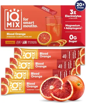 IQMIX Hydration Electrolyte Powder – 4-in-1 Formula for Hydration, Mental Clarity, Mood and Recovery – Sugar-Free Drink Mix, Keto, Magnesium L-Threonate, Lion’s Mane – 20 Count Blood Orange