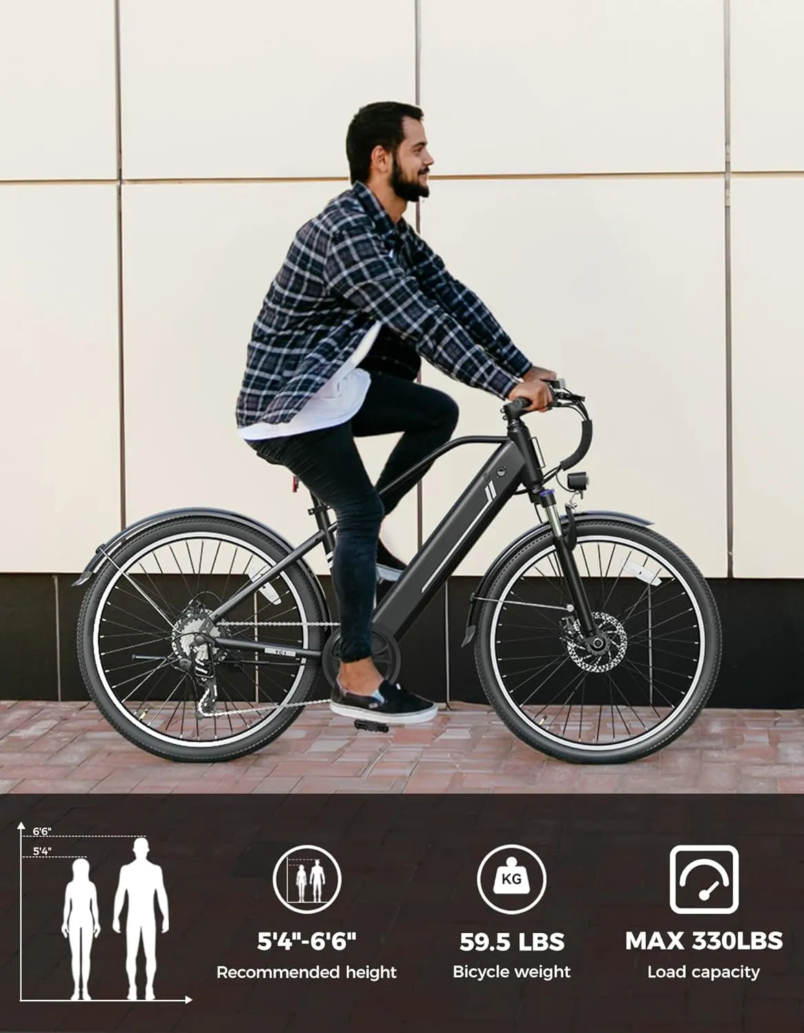 Jasion YC1/ST Electric Bike for Adults, Up to 23Mph, 750W Peak Motor Ebike, Range Up to 40Miles, 360WH Removable Battery, 26" E-Bike with 7 Speeds & Front Suspension for Commuting, Outdoor Leisure