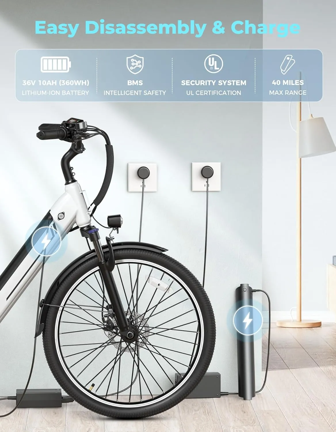 Jasion YC1/ST Electric Bike for Adults, Up to 23Mph, 750W Peak Motor Ebike, Range Up to 40Miles, 360WH Removable Battery, 26" E-Bike with 7 Speeds & Front Suspension for Commuting, Outdoor Leisure