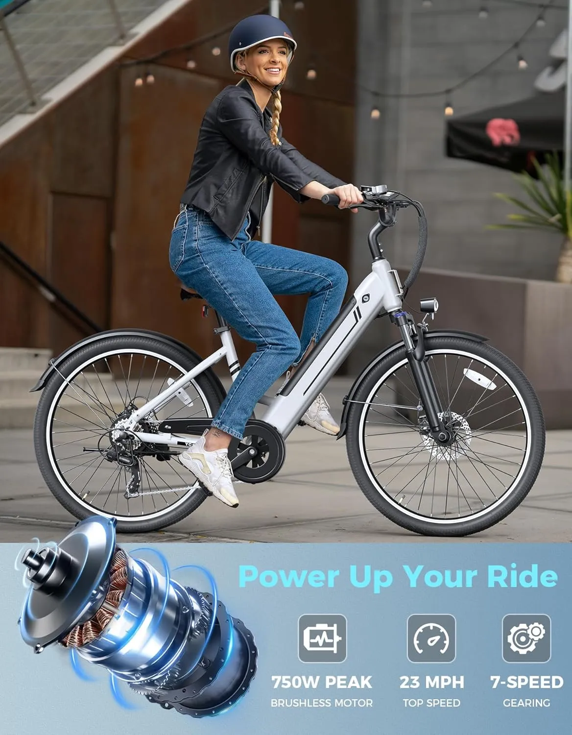 Jasion YC1/ST Electric Bike for Adults, Up to 23Mph, 750W Peak Motor Ebike, Range Up to 40Miles, 360WH Removable Battery, 26" E-Bike with 7 Speeds & Front Suspension for Commuting, Outdoor Leisure