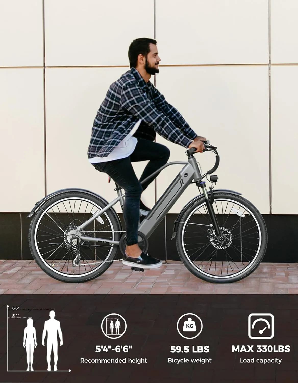 Jasion YC1/ST Electric Bike for Adults, Up to 23Mph, 750W Peak Motor Ebike, Range Up to 40Miles, 360WH Removable Battery, 26" E-Bike with 7 Speeds & Front Suspension for Commuting, Outdoor Leisure