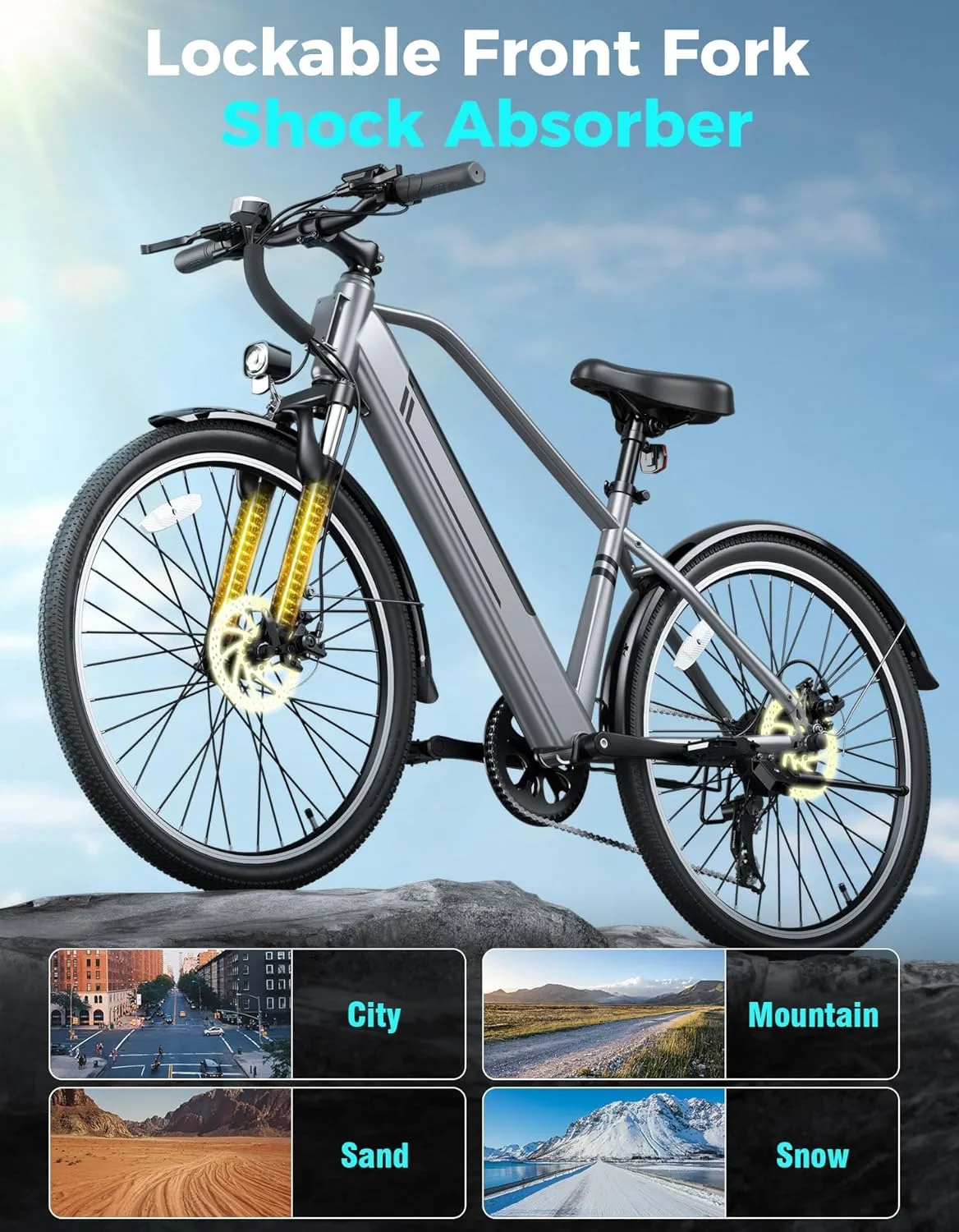 Jasion YC1/ST Electric Bike for Adults, Up to 23Mph, 750W Peak Motor Ebike, Range Up to 40Miles, 360WH Removable Battery, 26" E-Bike with 7 Speeds & Front Suspension for Commuting, Outdoor Leisure