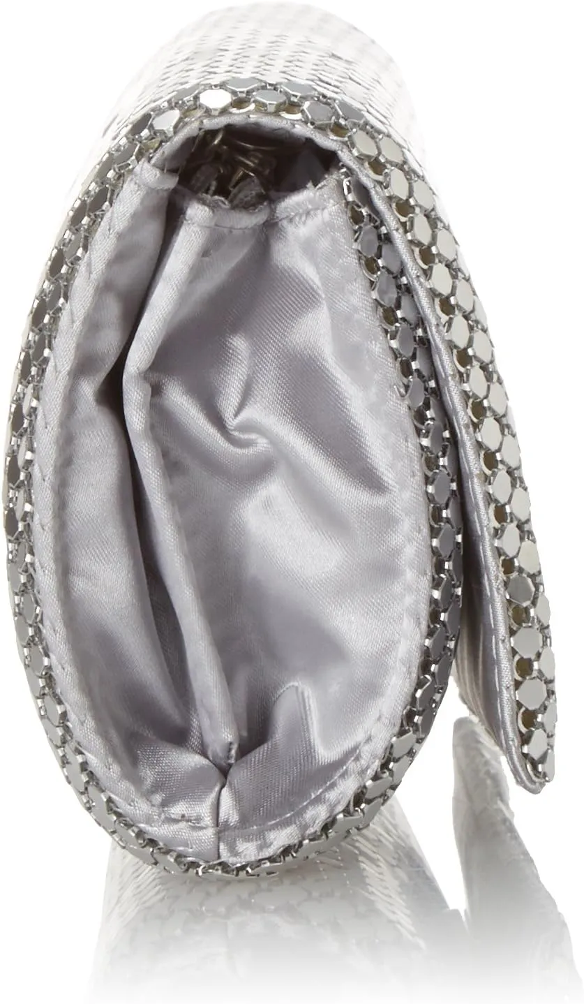 Jessica McClintock Metal Mesh Roll Evening Bag Clutch Purse (4.5" x 7.5" x 2", Shoulder Chain Included)