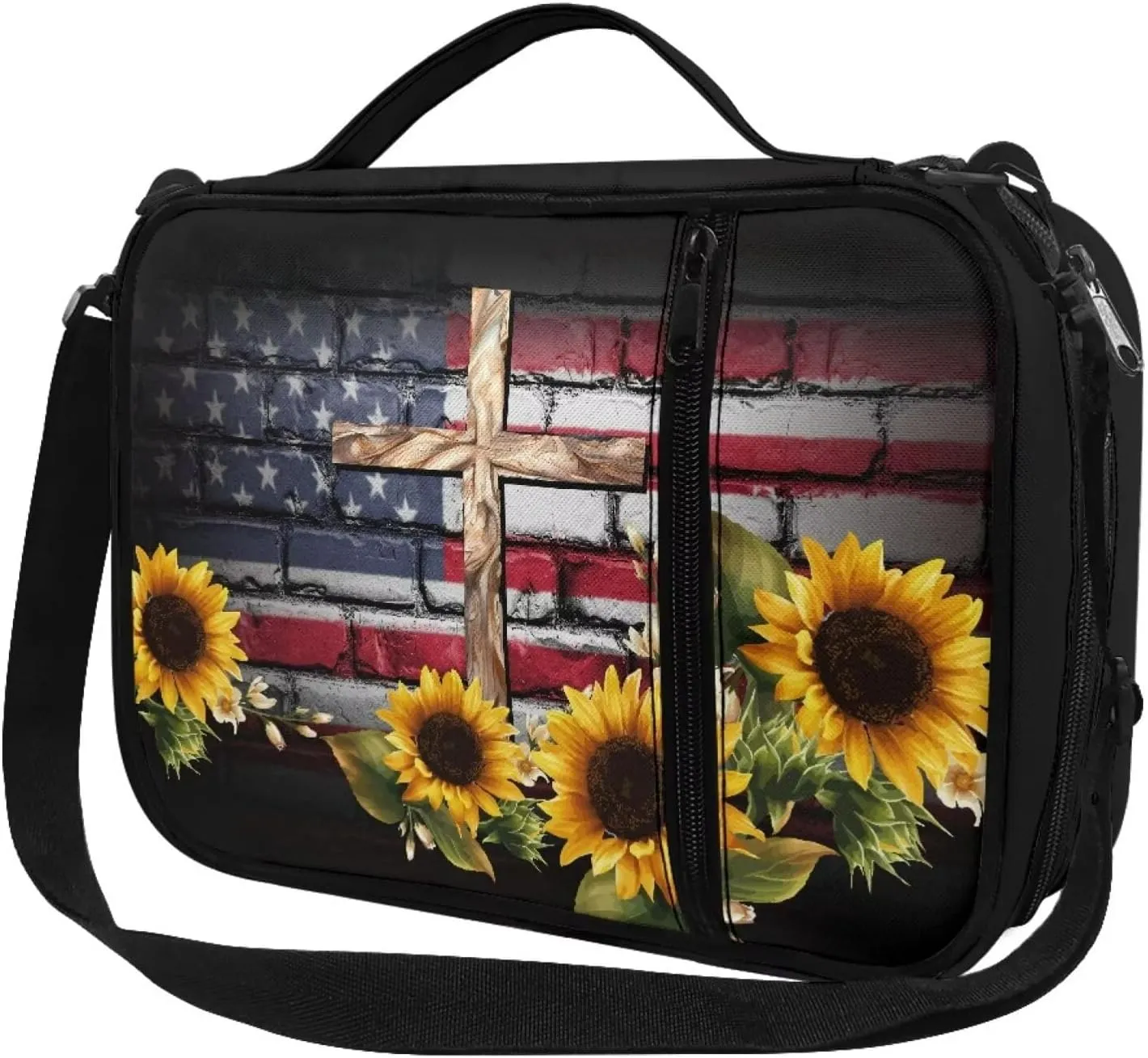 Jiquruby USA Flag Sunflower Cross Bible Covers for Women Carrying Book Case Church Bag Bible Protective with Handle and Zippered Pocket Adjustable Shoulder Strap Kids Bible Tote Bag Teens Bible Case