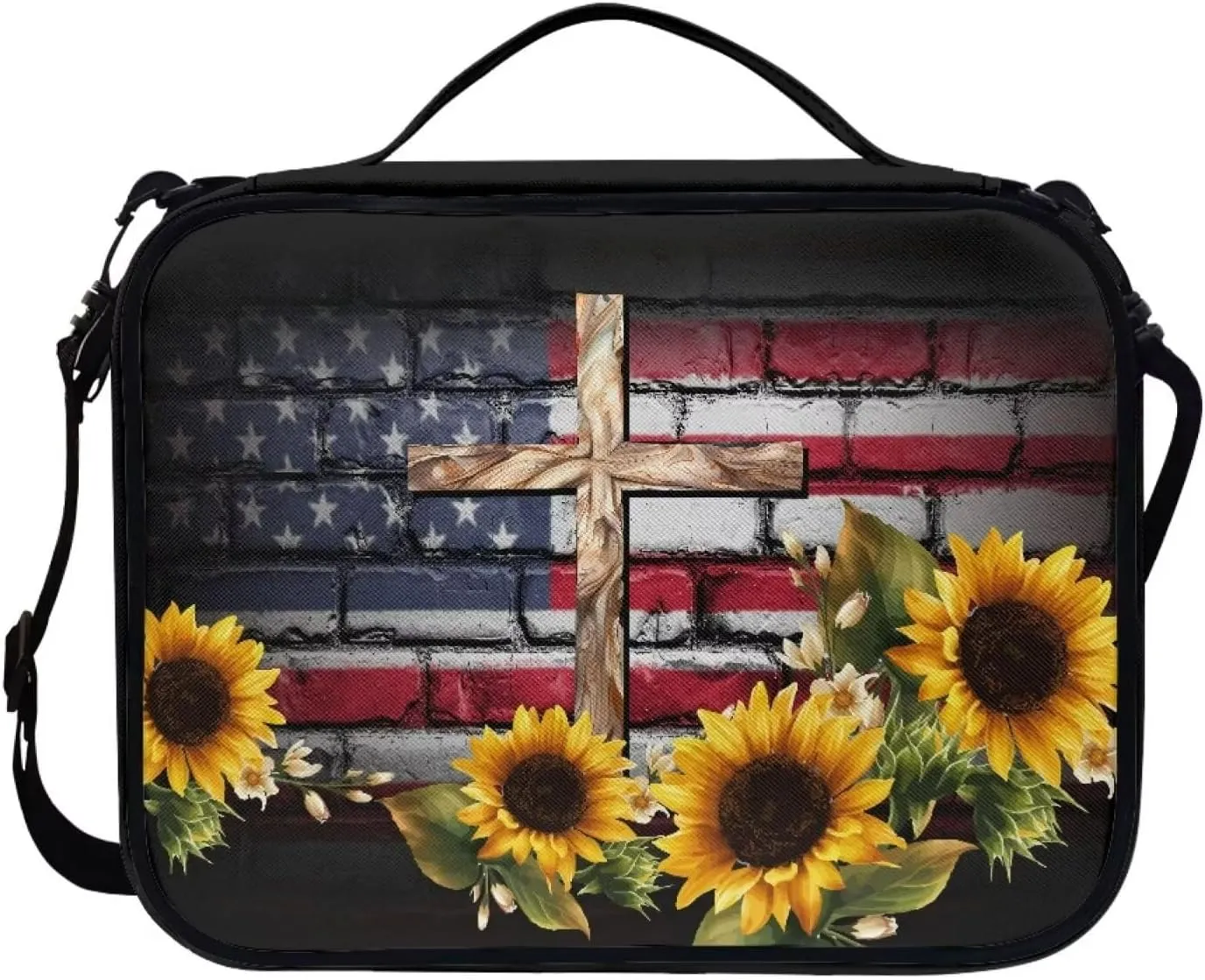 Jiquruby USA Flag Sunflower Cross Bible Covers for Women Carrying Book Case Church Bag Bible Protective with Handle and Zippered Pocket Adjustable Shoulder Strap Kids Bible Tote Bag Teens Bible Case