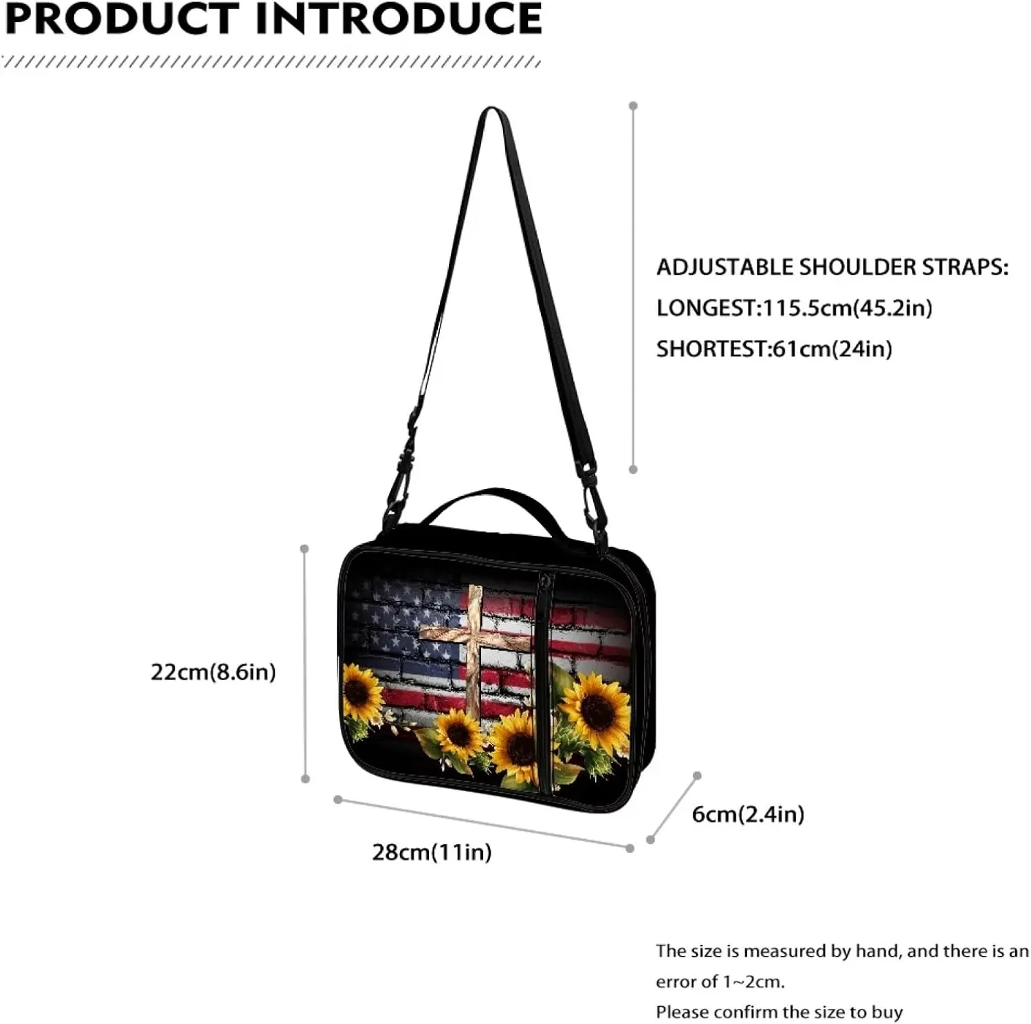 Jiquruby USA Flag Sunflower Cross Bible Covers for Women Carrying Book Case Church Bag Bible Protective with Handle and Zippered Pocket Adjustable Shoulder Strap Kids Bible Tote Bag Teens Bible Case