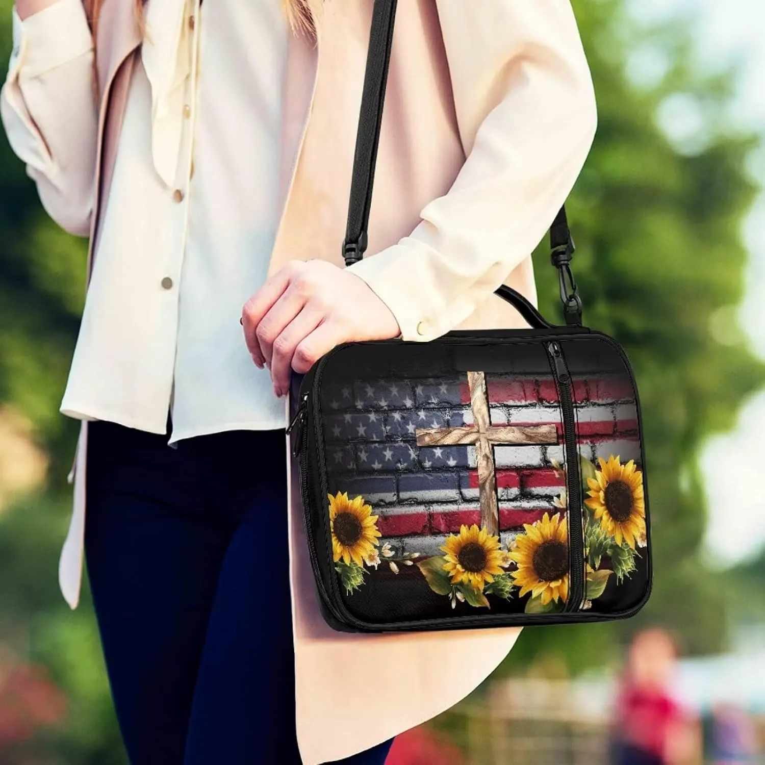 Jiquruby USA Flag Sunflower Cross Bible Covers for Women Carrying Book Case Church Bag Bible Protective with Handle and Zippered Pocket Adjustable Shoulder Strap Kids Bible Tote Bag Teens Bible Case