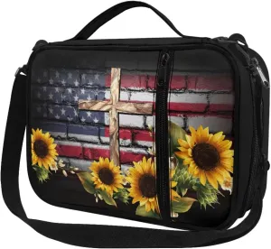 Jiquruby USA Flag Sunflower Cross Bible Covers for Women Carrying Book Case Church Bag Bible Protective with Handle and Zippered Pocket Adjustable Shoulder Strap Kids Bible Tote Bag Teens Bible Case