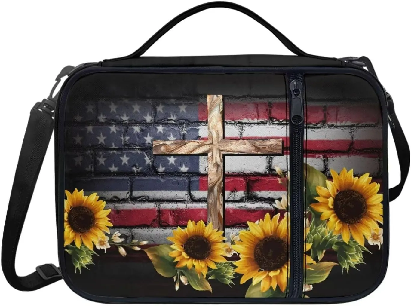 Jiquruby USA Flag Sunflower Cross Bible Covers for Women Carrying Book Case Church Bag Bible Protective with Handle and Zippered Pocket Adjustable Shoulder Strap Kids Bible Tote Bag Teens Bible Case