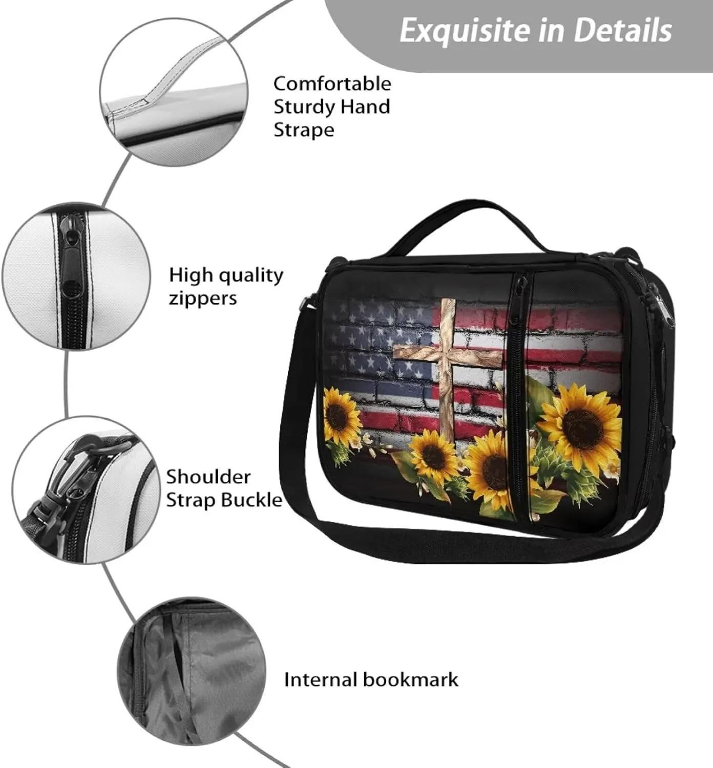Jiquruby USA Flag Sunflower Cross Bible Covers for Women Carrying Book Case Church Bag Bible Protective with Handle and Zippered Pocket Adjustable Shoulder Strap Kids Bible Tote Bag Teens Bible Case