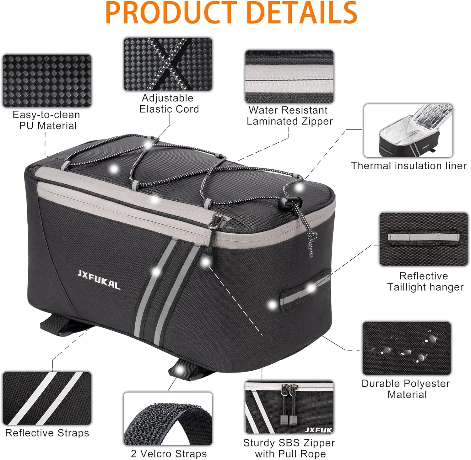 JXFUKAL Rear Bike Rack Bag with Rain Cover, 7L/9L/10L/12L Waterproof Bicycle Ebike Saddle Bag Cycling Pannier Trunk Carrier with Reflector & Adjustable Cord for Commuter Travel Outdoor