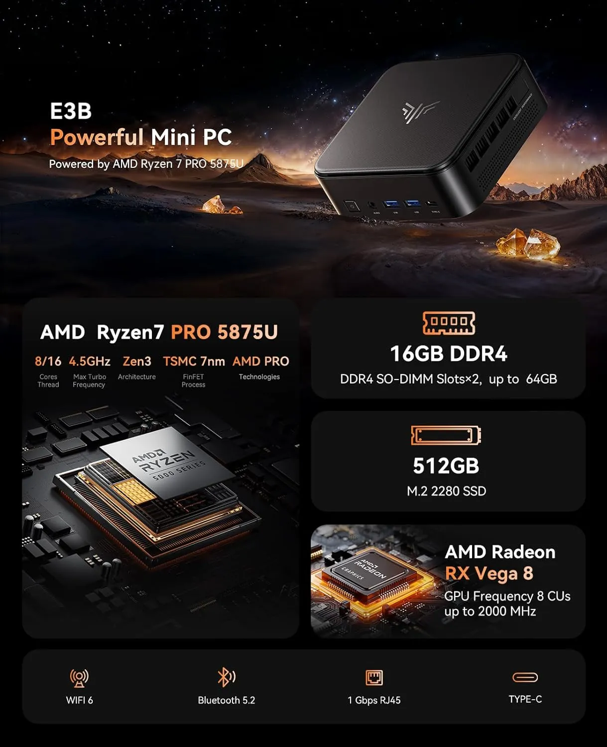 KAMRUI Mini PC with AMD Ryzen 7 PRO 5875U, 16GB DDR4 512GB M.2 SSD Mini Computer, Mini Gaming PC with USB Type-C, Desktop Computer Supports Triple 4K Display, WiFi 6, BT 5.2
