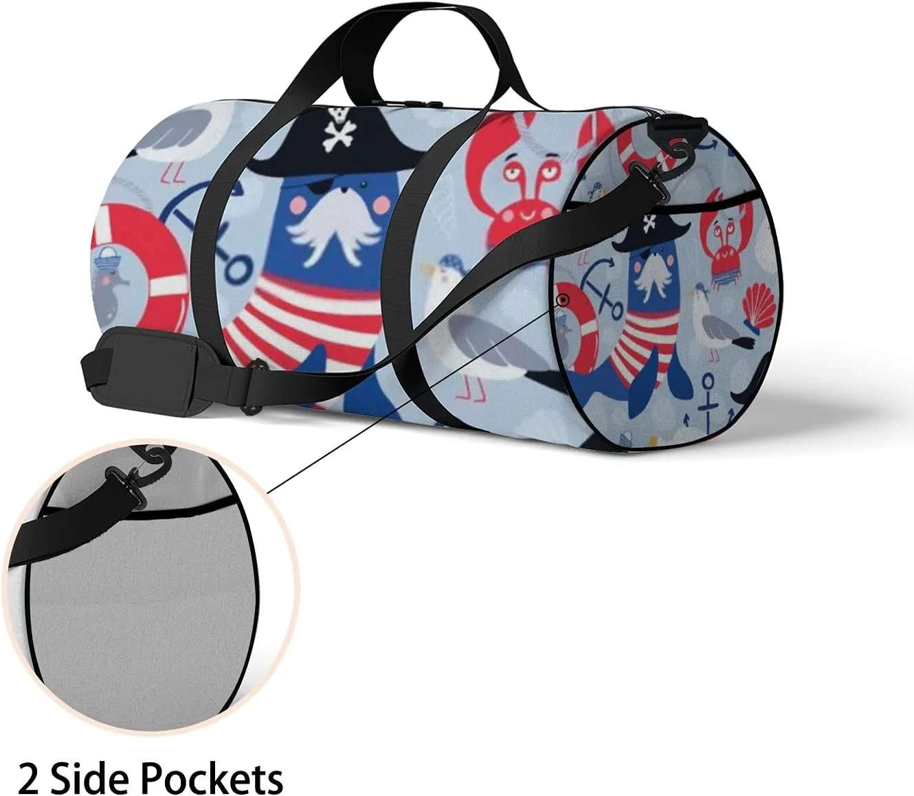 Kawaii Cute Animals Walrus Pirate in Hat One-Eyed Mask Sports Bag Tote Bag Waterproof Gym Bag with Shoulder Strap Zipper 2 Side Pockets for Men and Women, Travel and Storage Shoulder Bag.