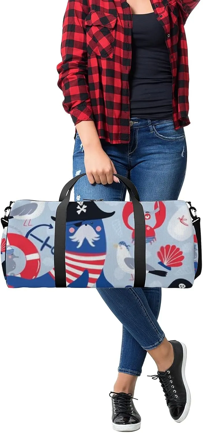 Kawaii Cute Animals Walrus Pirate in Hat One-Eyed Mask Sports Bag Tote Bag Waterproof Gym Bag with Shoulder Strap Zipper 2 Side Pockets for Men and Women, Travel and Storage Shoulder Bag.