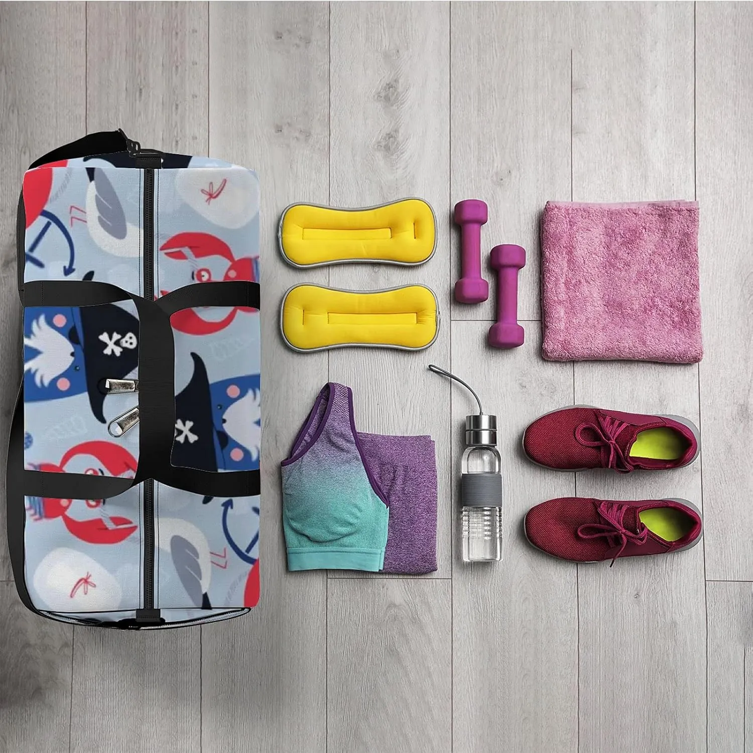Kawaii Cute Animals Walrus Pirate in Hat One-Eyed Mask Sports Bag Tote Bag Waterproof Gym Bag with Shoulder Strap Zipper 2 Side Pockets for Men and Women, Travel and Storage Shoulder Bag.