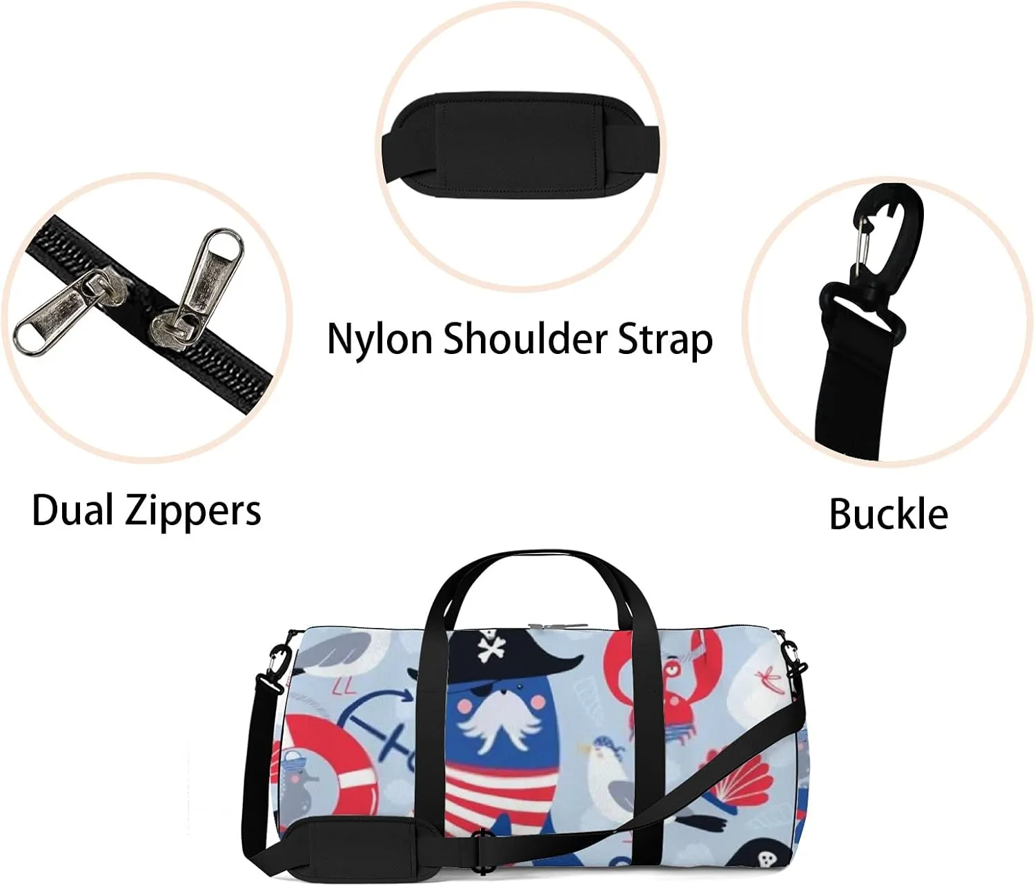 Kawaii Cute Animals Walrus Pirate in Hat One-Eyed Mask Sports Bag Tote Bag Waterproof Gym Bag with Shoulder Strap Zipper 2 Side Pockets for Men and Women, Travel and Storage Shoulder Bag.