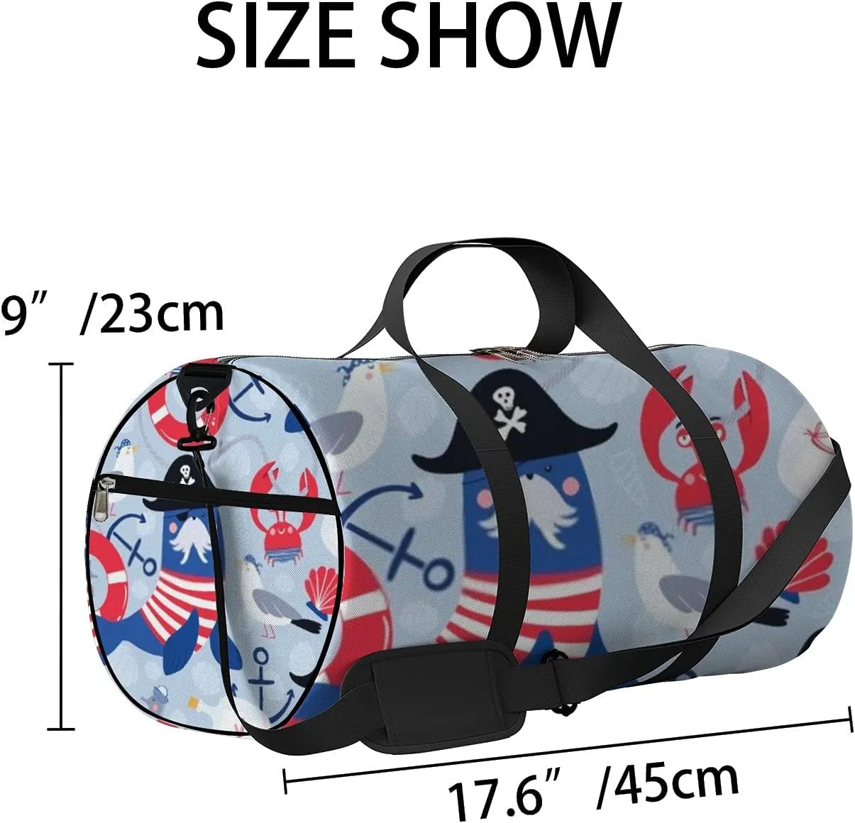 Kawaii Cute Animals Walrus Pirate in Hat One-Eyed Mask Sports Bag Tote Bag Waterproof Gym Bag with Shoulder Strap Zipper 2 Side Pockets for Men and Women, Travel and Storage Shoulder Bag.