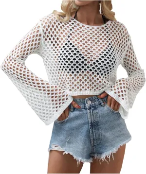 Kedera Womens Crochet Tops Long Sleeve Hollow Out Swim Cover Up Beach Bikini Swimsuit Summer Tunic Top