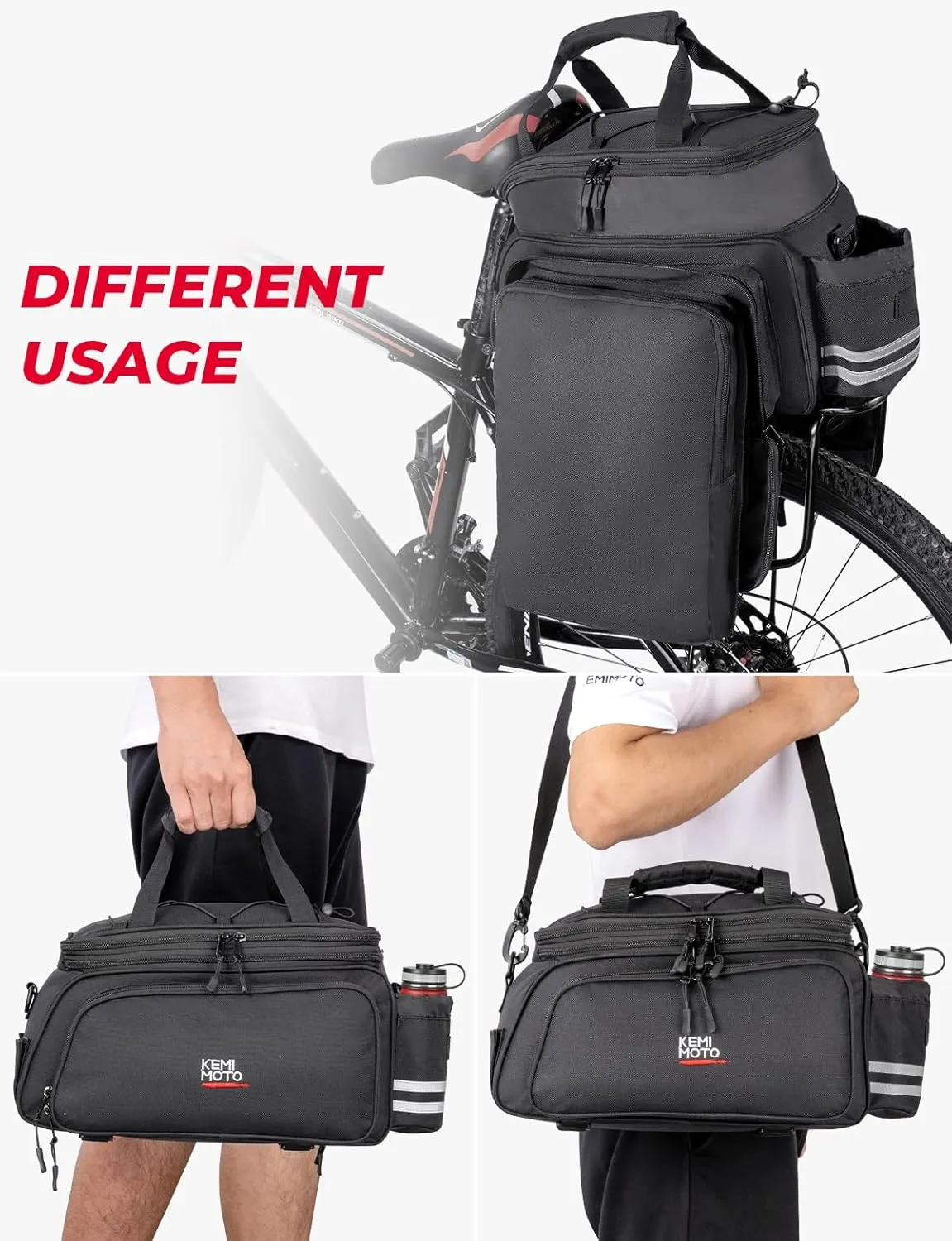 KEMIMOTO Bike Rear Rack Bag Bicycle Trunk Bag 20L Capacity Water Resistant Multifunctional Bicycle Pannier with Rain Cover Bike Saddle Bag for Rear Rack Grocery Shopping Commuter Cycling Trip Black