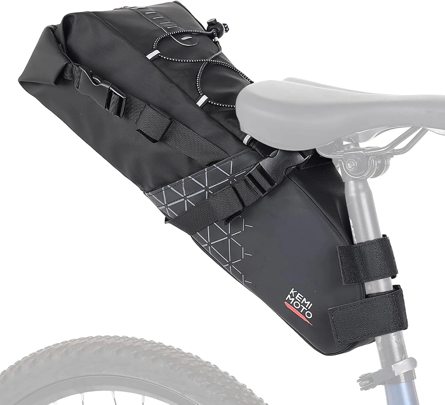KEMIMOTO Bike Saddle Bag Bike Seat Bag Fully Waterproof Bikepacking Pouch, Night Safety Reflective Strips, 13L Bicycle Seat Bag With PVC Reflective Panel Max
